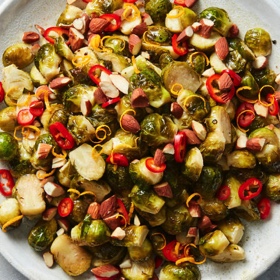 Roasted Brussels Sprouts with Honey, Almonds and Chile