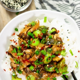 Vegan Chik'n Teriyaki with Oyster Mushrooms and Brussels Sprouts