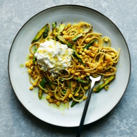 Caramelized Corn and Asparagus Pasta with Ricotta
