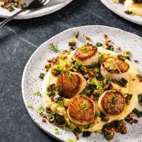 Seared Scallops with Polenta, Bacon, and Poblano Chiles
