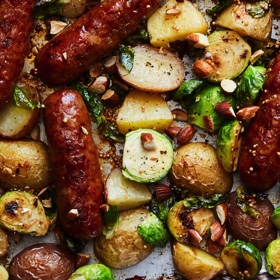 Sheet-Pan Sausages and Brussels Sprouts with Honey Mustard