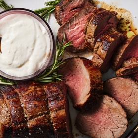 Garlicky Beef Tenderloin with Orange Horseradish Sauce