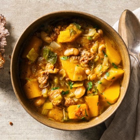 Leek, Fennel, and Squash Soup with Sausage