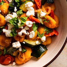 Crispy Pan-Fried Gnocchi with Cherry Tomatoes, Zucchini, and Feta