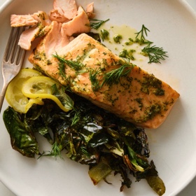 Mustardy Sheet-Pan Salmon with Greens