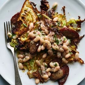 Sheet-Pan Kielbasa with Cabbage and Beans