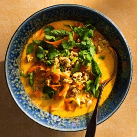 Carrot Ribbon, Chicken, and Coconut Curry Soup