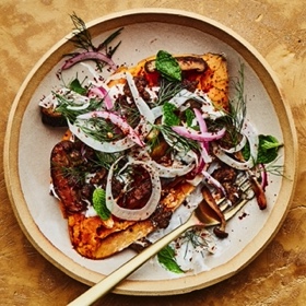 Sweet Potato Bowls with Spiced Lamb and Mushrooms
