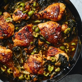 Skillet-Braised Chicken with Greens and Olives