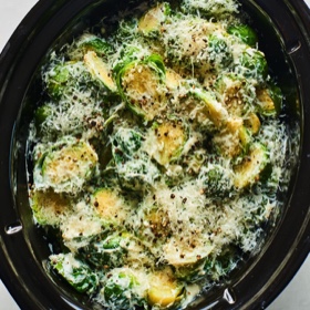 Slow Cooker Cheesy Garlic Brussels Sprouts