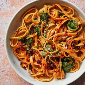 Chile Crisp Fettuccine Alfredo with Spinach