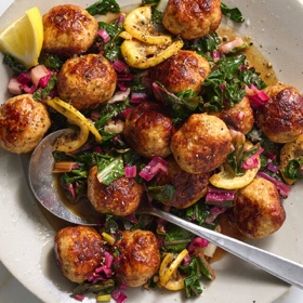 One-Pot Chicken Meatballs with Greens