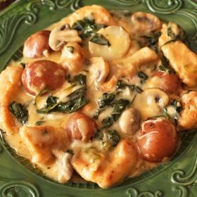 Smothered Chicken with Spinach, Potatoes, and Mushrooms