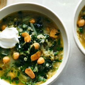 Stewed Greens and Chickpeas with Toasted Garlic and Lemon