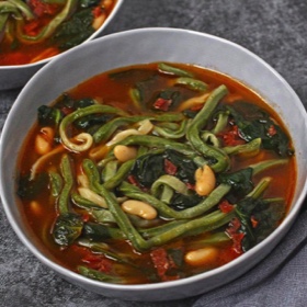 Pepperoni Udon Soup with Spinach and Beans