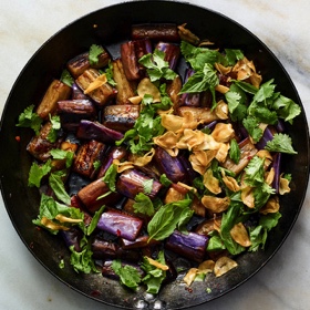 Sweet and Sour Eggplant with Garlic Chips