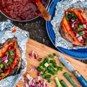 Foil Wrapped Baked Sweet Potatoes and Chili