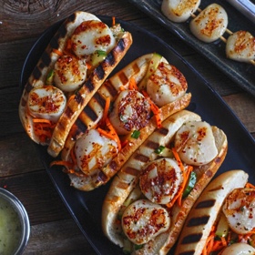 Grilled Scallop Rolls with Spicy Pickled Carrot and Cucumber