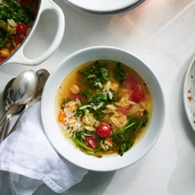 Chickpea Stew with Orzo and Mustard Greens