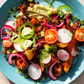 Loaded Sweet Potato Wedges with Tempeh