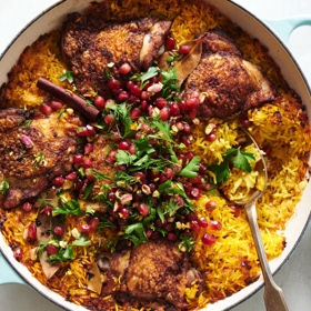 Chicken and Saffron Rice with Pomegranate Salsa