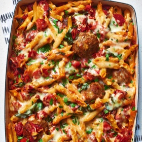 Smoky Mozzarella Pasta and Meatball Bake