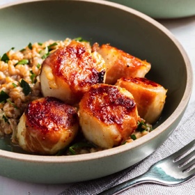Prosciutto-Wrapped Scallops with Herby Farrotto