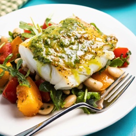 Seared Cod with White Bean, Tomato, and Arugula Salad
