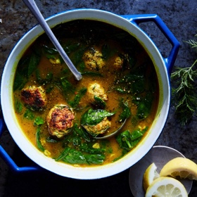 Lemony Chicken-Feta Meatball Soup with Spinach