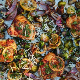 Sheet-Pan Lemony Chicken with Brussels Sprouts