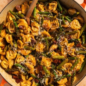 Skillet Tortellini with Chorizo and Asparagus