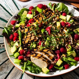 Grilled Dijon Chicken Salad with Raspberries and Avocado
