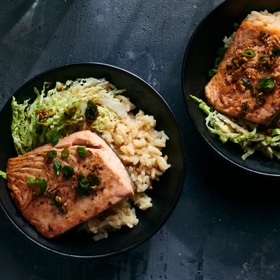 Roasted Salmon with Miso Rice and Ginger-Scallion Vinaigrette