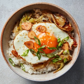 Stir-Fried Lettuce with Crispy Garlic and Fried Eggs