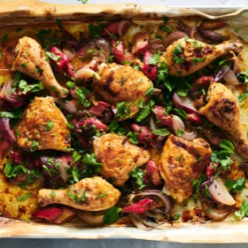 Sheet-Pan Chicken with Rhubarb and Red Onion