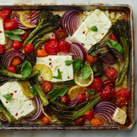 Sheet-Pan Baked Feta with Broccolini, Tomatoes and Lemon