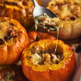 Mini Pumpkins Stuffed with Onion, Mushrooms, and Chard