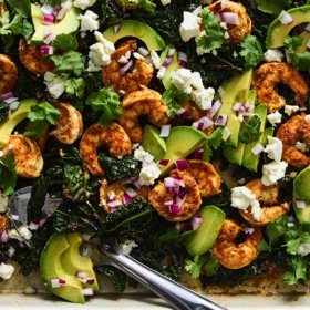 Harissa Shrimp with Greens and Feta