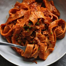 Caramelized Onion Tagliatelle with Braised Beef Ragu
