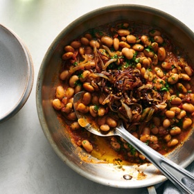 Rosemary White Beans with Frizzled Onions and Tomato