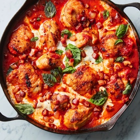 Skillet Chicken with Tomatoes, Pancetta and Mozzarella