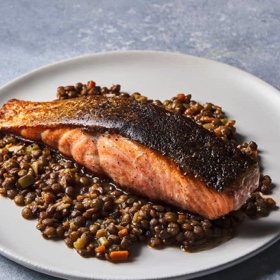 Saumon Aux Lentilles (Pan-Seared Salmon with Braised Lentilles Du Puy)