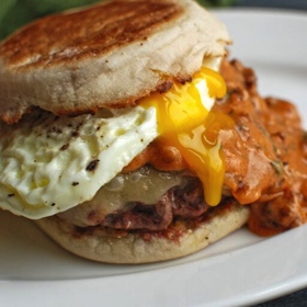 Spicy Maple Sausage Gravy Brunch Burger