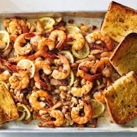 Sheet-Pan Garlicky Shrimp and White Beans