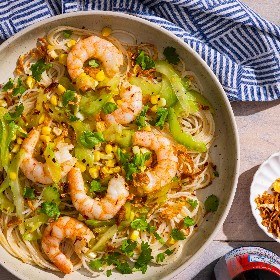 Viet-Cajun Garlic-Butter Rice Noodles with Corn and Shrimp