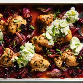 Chicken Thighs with Sour Cherries and Cucumber Yogurt