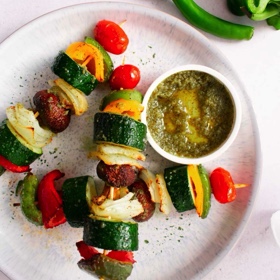 Oven Roasted Vegetable Skewers with Arugula Pesto