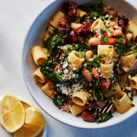 Pasta with Andouille Sausage, Beans and Greens
