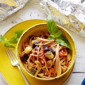 Healthy Grilled Summer Vegetable Spaghetti Foil Pack