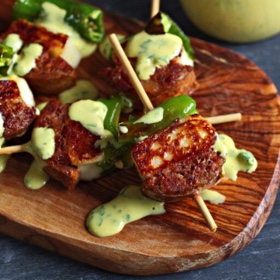 Sausage Cheese Shishito Skewers with Basil Honey Mustard
